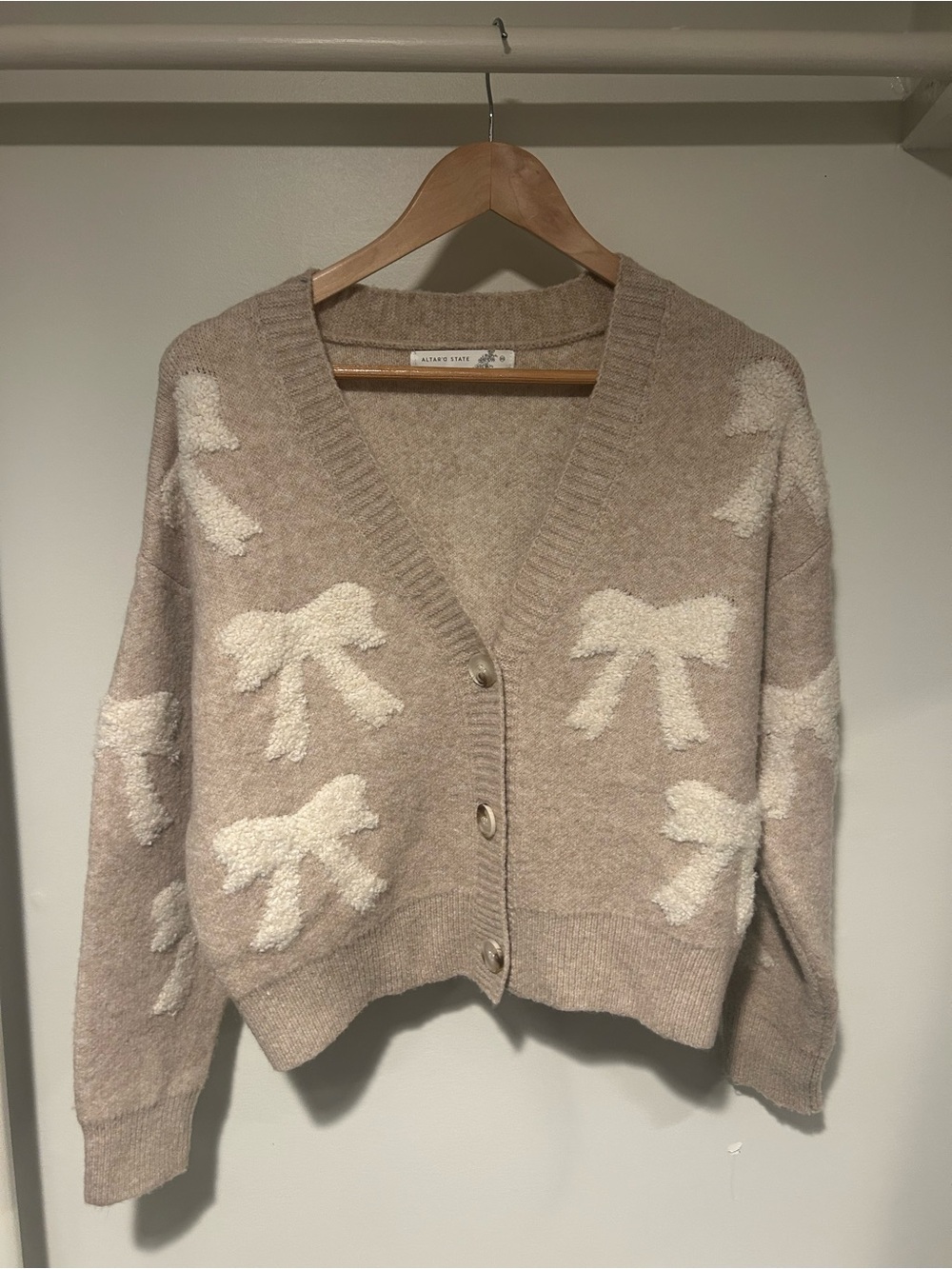 Altar'd State Tan Cardigan with Cream Bow Accents